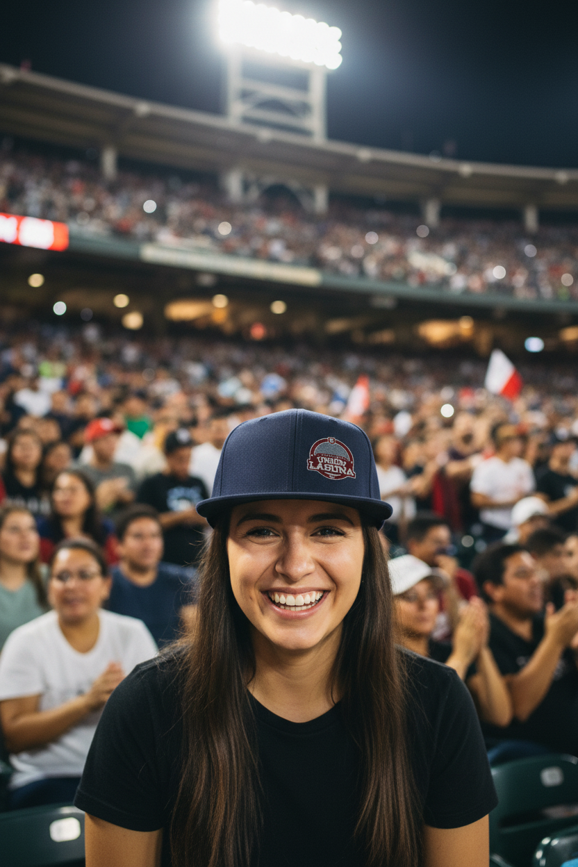 A smiling woman in a crowded stadium wearing a navy blue baseball cap with a circular logo and a black t-shirt. The background shows a packed sports arena with bright stadium lights and blurred spectators.