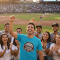 A man in a bright turquoise blue t-shirt cheering at a baseball game, with a crowd of friends around him in the stands. The t-shirt features a circular logo that reads 'UNION LAGUNA'.