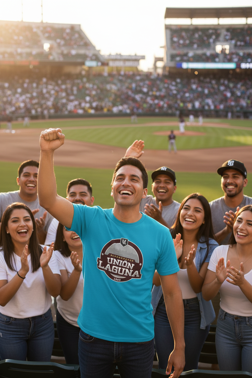 A man in a bright turquoise blue t-shirt cheering at a baseball game, with a crowd of friends around him in the stands. The t-shirt features a circular logo that reads 'UNION LAGUNA'.