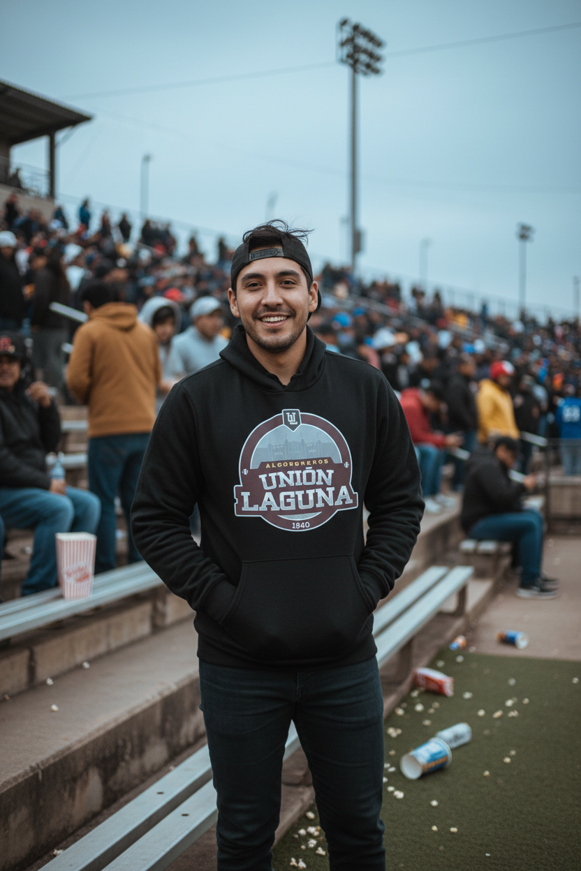 A man wearing a black hoodie with a 'Algodoneros de Union Laguna' graphic stands in a crowded outdoor stadium, with bleachers and other spectators blurred in the background.