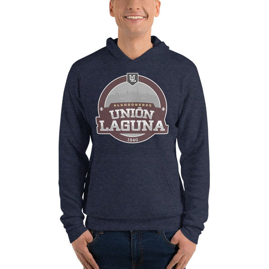 A person wearing a navy pullover hoodie with 'Union Laguna 1940' printed on the front.