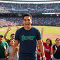 A man wearing a navy blue Bravos de Leon t-shirt stands smiling in a stadium, surrounded by cheering fans in the background.