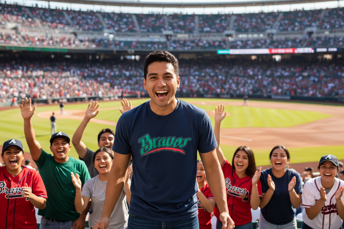 A man wearing a navy blue Bravos de Leon t-shirt stands smiling in a stadium, surrounded by cheering fans in the background.