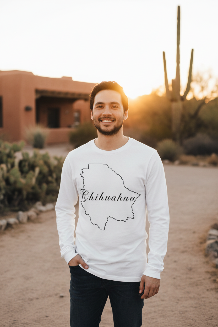 A man wearing a white long-sleeve t-shirt with a black outline of the state of Chihuahua and the word 'Chihuahua' written across it, standing outdoors in a desert setting at sunset.
