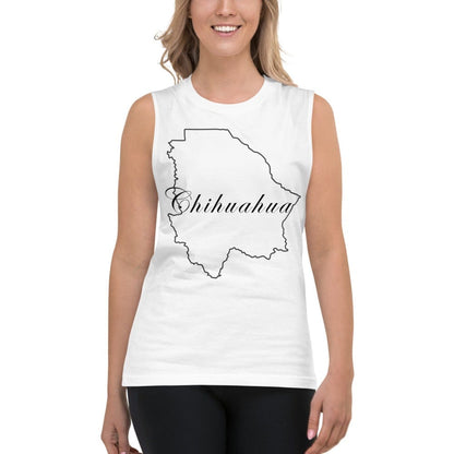 A person wearing a white muscle shirt with the text 'Chihuahua' followed by the shape of Chihuahua state in black.