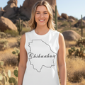 A person wearing a white muscle shirt with the text 'Chihuahua' followed by the shape of Chihuahua state in black.