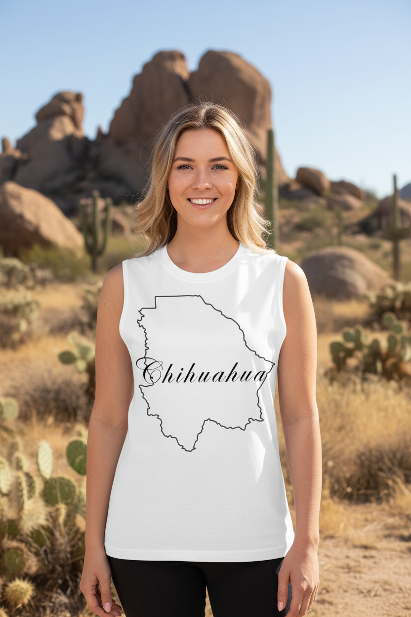 A person wearing a white muscle shirt with the text 'Chihuahua' followed by the shape of Chihuahua state in black.