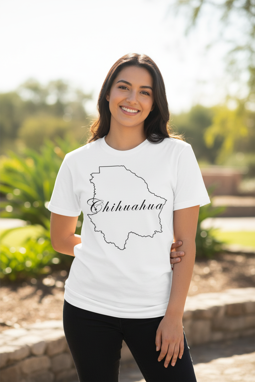 A woman wearing a white short-sleeve t-shirt with a black outline of the state of Chihuahua and the word 'Chihuahua' written in script across it, standing outdoors in a sunny garden setting.