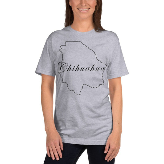 Heather gray unisex T-shirt with Chihuahua outline graphic and script text