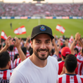 A smiling man in a white t-shirt and a black baseball cap with a Chivas crest stands in a crowded soccer stadium, surrounded by fans in red and white striped jerseys.