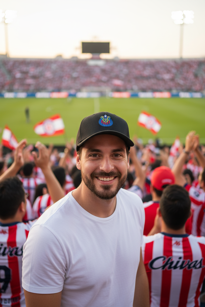 A smiling man in a white t-shirt and a black baseball cap with a Chivas crest stands in a crowded soccer stadium, surrounded by fans in red and white striped jerseys.