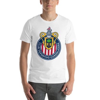 A person wearing a white Chivas Club Deportivo Guadalajara t-shirt with a graphic logo in the center.
