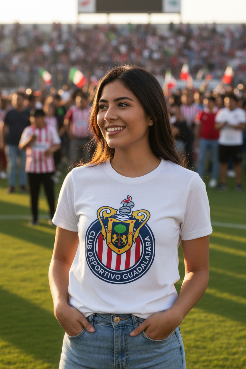 A woman wearing a white short-sleeve t-shirt with the Guadalajara Chivas soccer team crest printed on the front, standing on a grassy field with a stadium crowd in the background.