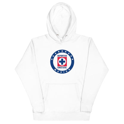 White hoodie with a hood featuring a drawstring, a front pouch pocket, and a Cruz Azul  graphic design on the chest.