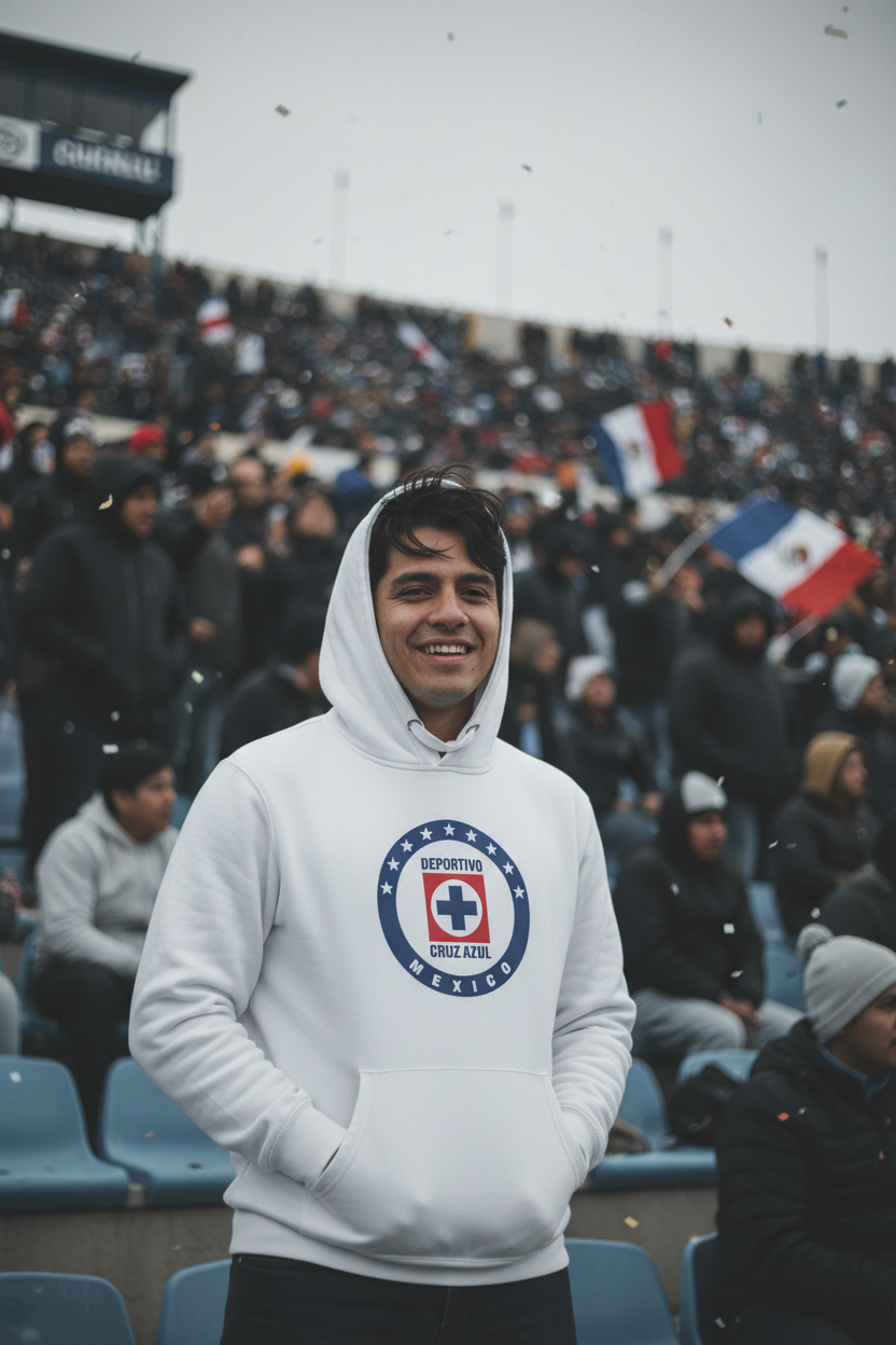 A smiling man in a white hoodie stands in a crowded stadium, with a blue and white Sporting Cruz Azul crest printed on the front of the sweatshirt.