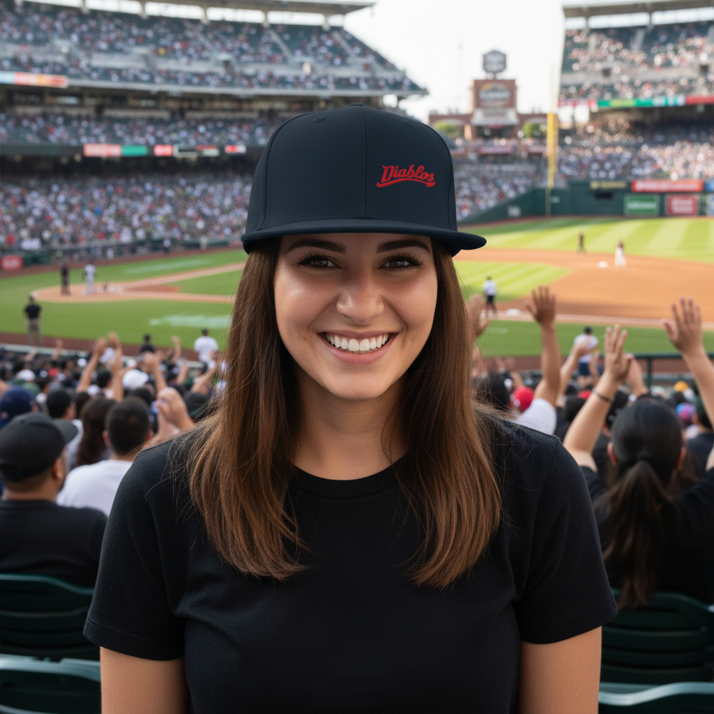 A smiling woman in a black t-shirt and a Navy Blue Diablos Rojos de Mexico baseball cap with red cursive script stands in a crowded baseball stadium. The stadium is filled with spectators, and the baseball field is visible in the background.
