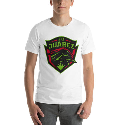 A person wearing a white short-sleeved t-shirt with 'FC JUAREZ' logo in red and green on the front.