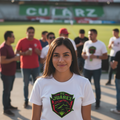 A woman standing in a stadium wearing a white FC Juarez t-shirt with a green and red crest logo.
