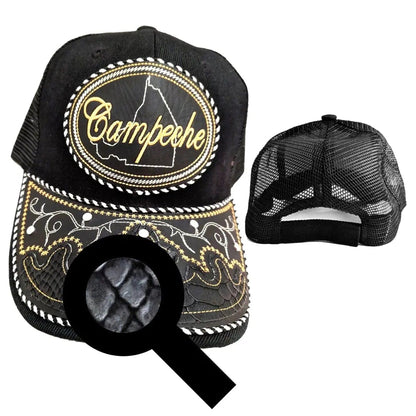 Black trucker-style hat with embroidered Campeche patch and snake-skin design