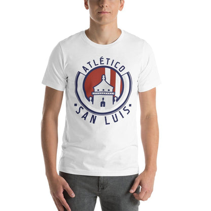 A person wearing a white crew neck t-shirt with 'ATLETICO SAN LUIS' printed on the front.