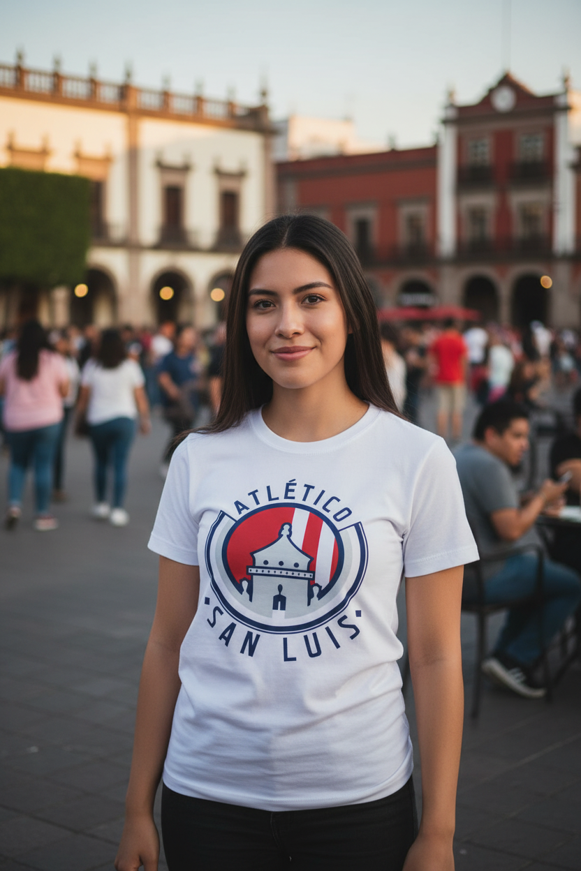 A woman wearing a white short-sleeve t-shirt with a red and blue Atlético San Luis logo, standing in a public square with blurred buildings and people in the background.
