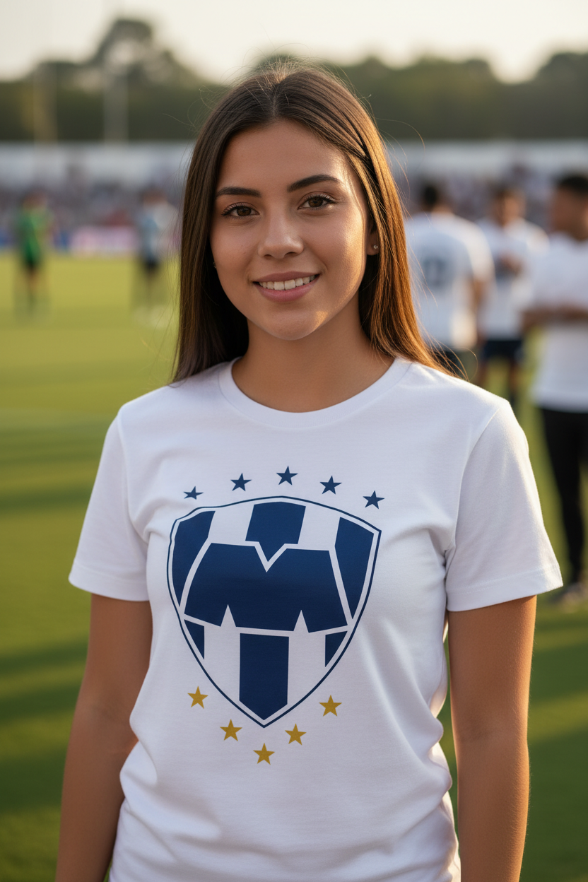 A smiling young woman standing on a soccer field wearing a white Monterrey FC t-shirt with a blue and white shield logo and gold stars.