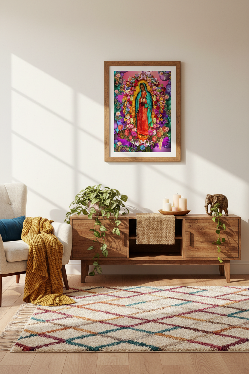 A framed colorful religious art print of Our Lady of Guadalupe hangs on a light beige wall above a wooden console table in a styled living room setting with a chair, throw blanket, plants, and a patterned rug.