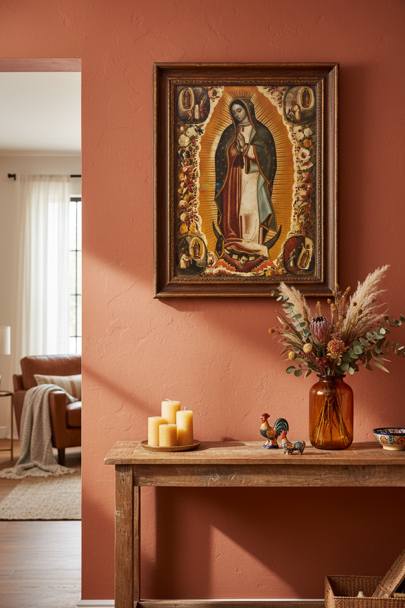 A framed religious painting of Our Lady of Guadalupe hangs on a terracotta-colored wall above a rustic wooden console table decorated with candles, a glass vase of dried grasses, and small decorative figurines.