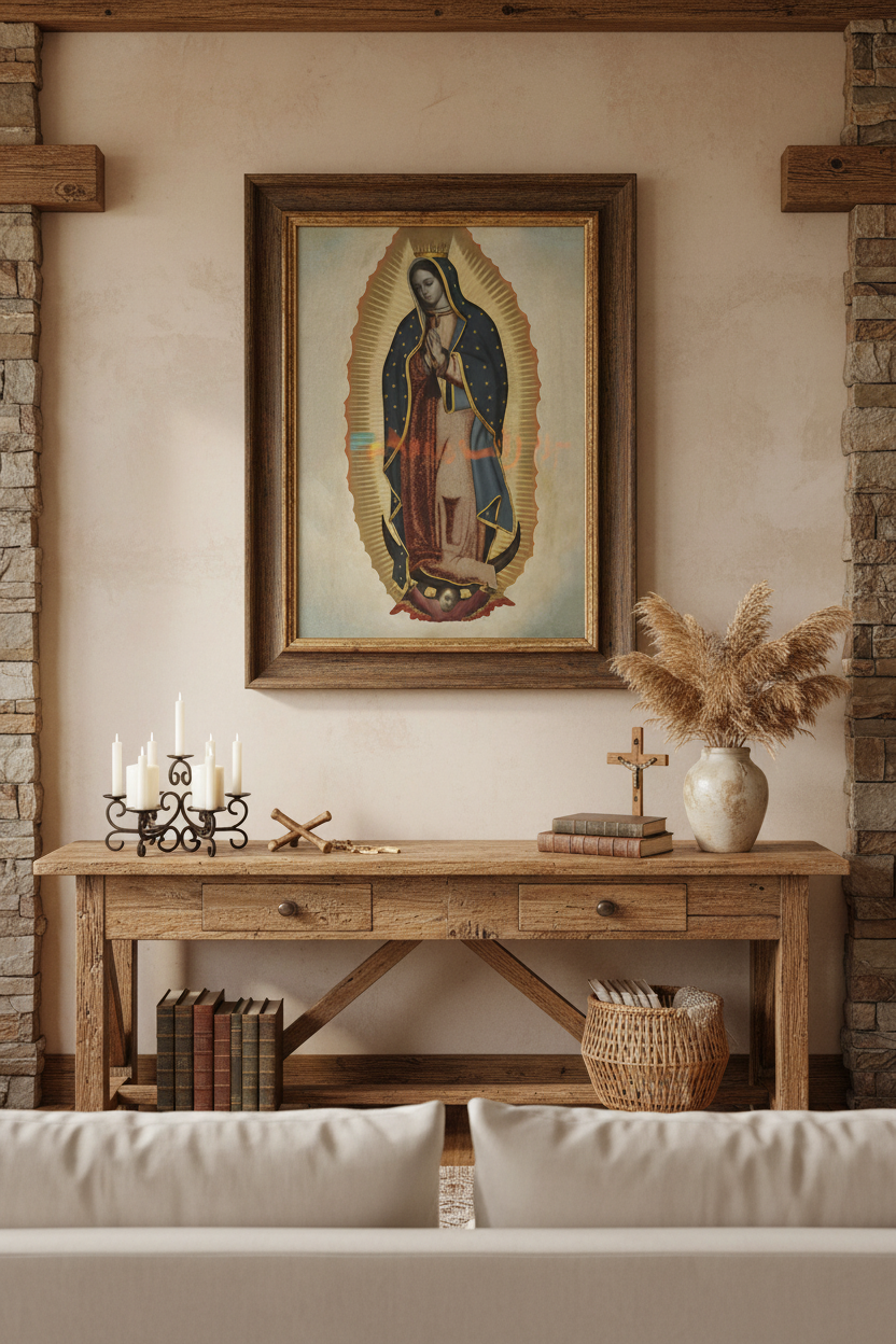 A framed religious print of Our Lady of Guadalupe hangs on a beige wall above a rustic wooden console table decorated with candles, books, a basket, and dried grass in a styled interior setting.