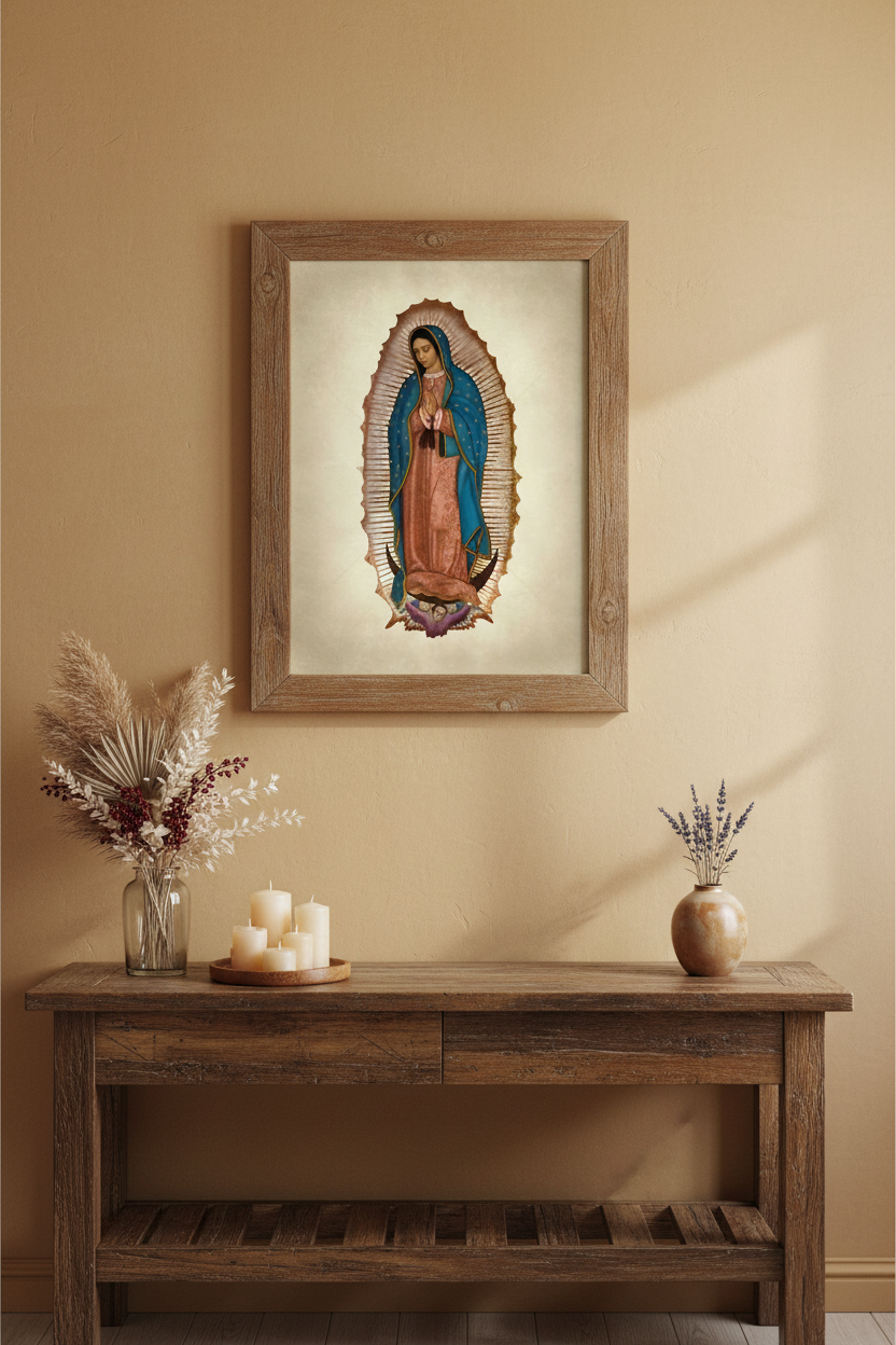 A framed religious print of Our Lady of Guadalupe hanging on a beige wall above a rustic wooden console table decorated with candles and dried flowers.