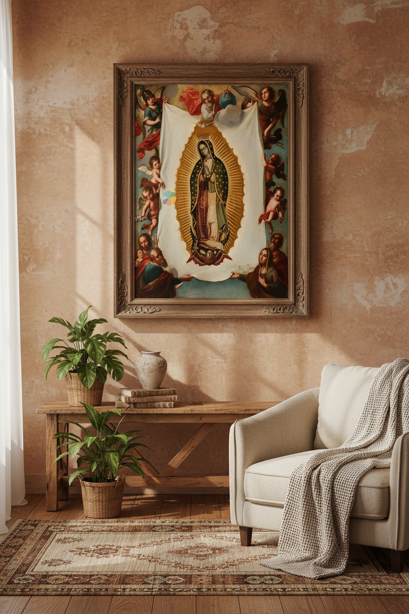 A framed religious art print of Our Lady of Guadalupe hanging on a textured peach wall above a wooden console table, with a cream armchair and throw blanket in the foreground.