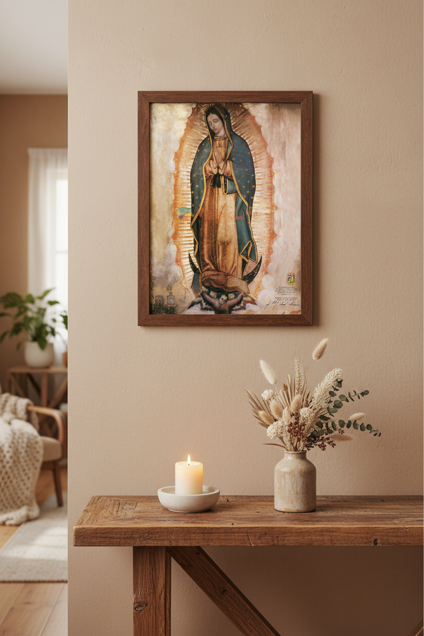 A framed religious art print of Our Lady of Guadalupe hanging on a beige wall above a rustic wooden console table with a lit candle and dried flowers.