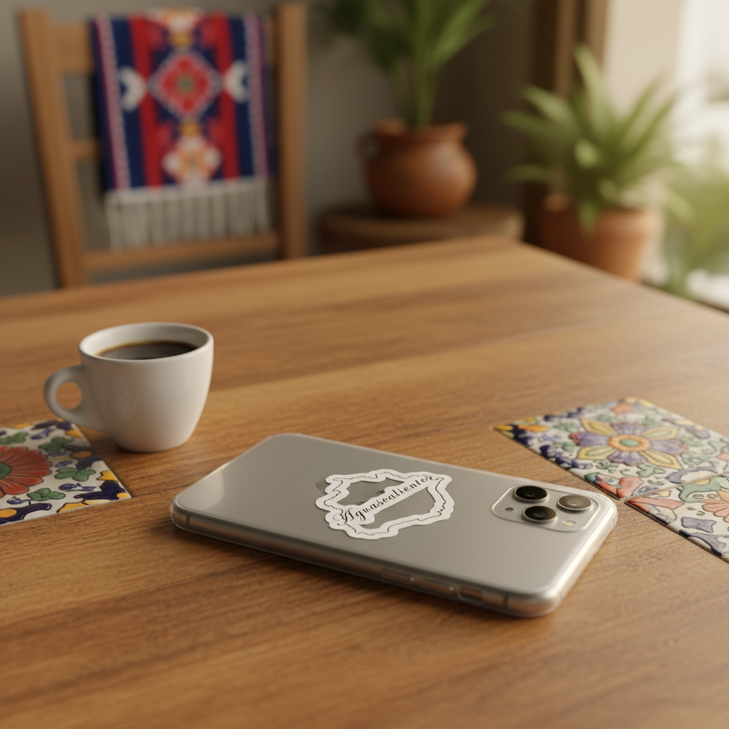 Silver smartphone on a wooden table with a die-cut bubble-free sticker shaped like the state of Aguascalientes — featuring white outline and cursive “Aguascalientes” text, surrounded by a coffee cup, colorful Mexican tiles, and warm natural light, creating an artisanal and cozy aesthetic that highlights regional pride and craftsmanship.