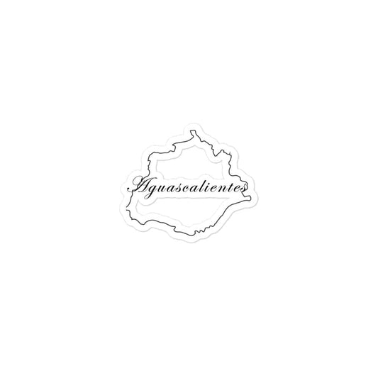 A die-cut white sticker with the text 'Aguascalientes' printed on it, against a white background.
