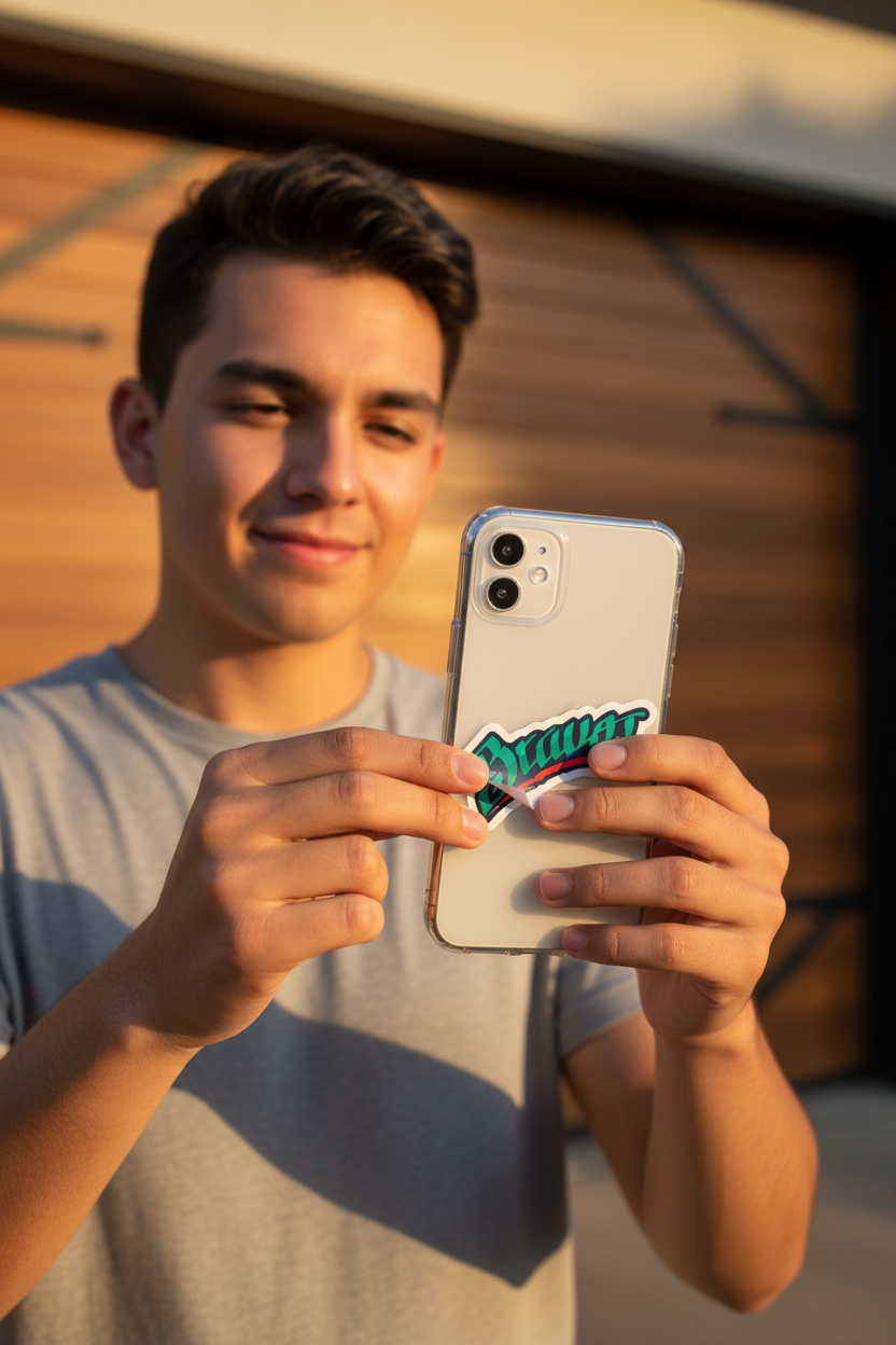 A young man smiling while holding up a white smartphone to show a close-up of a green and red 'Bravos de Leon' graphic decal on the back of the phone.