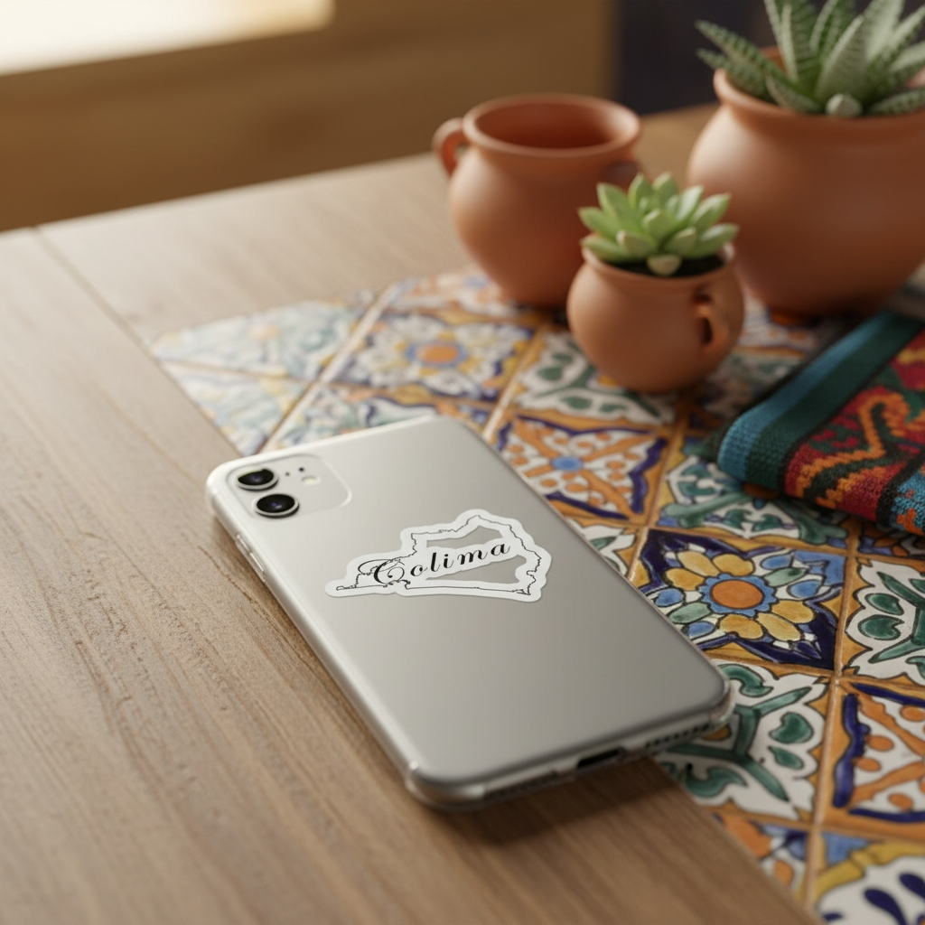 Silver smartphone on a wooden table with a die-cut bubble-free sticker reading “Colima” in cursive — surrounded by colorful Mexican ceramic tiles, terracotta pots with succulents, and a striped textile, creating a warm, artisanal aesthetic that highlights regional pride and craftsmanship.