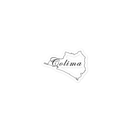 A white die-cut sticker with the text 'Colima' printed on it, resembling a state outline.