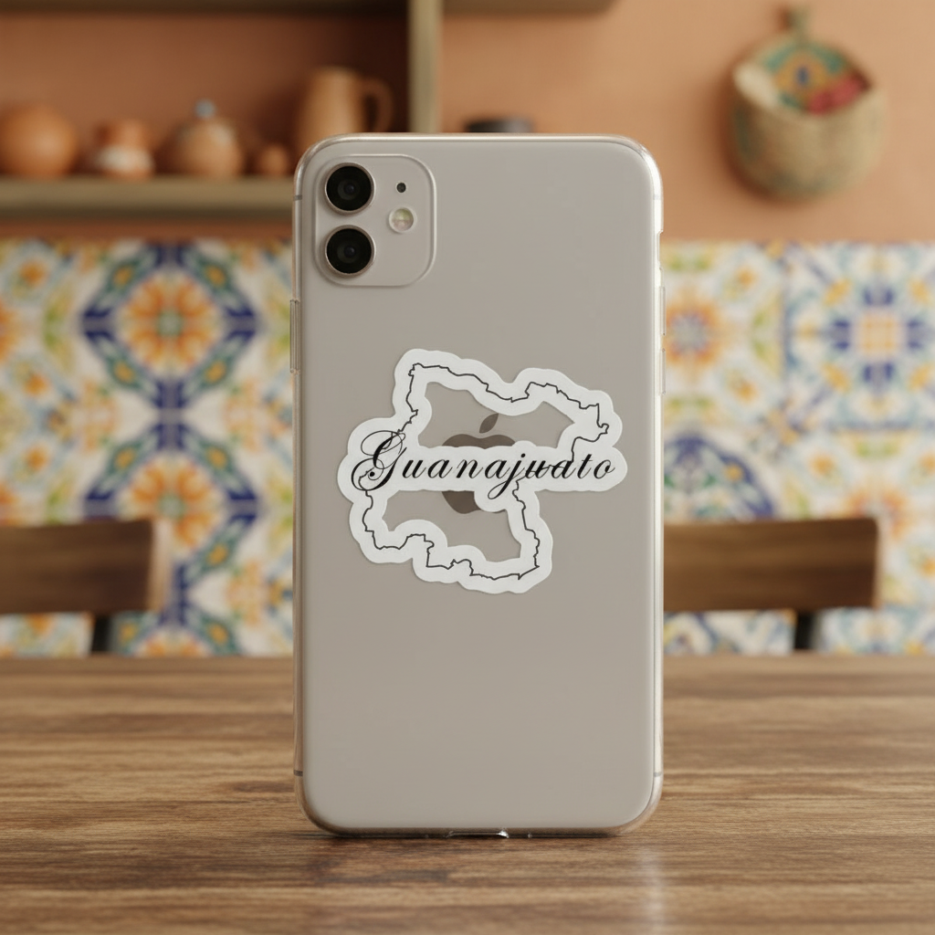 Silver smartphone standing upright on a wooden table with a die-cut bubble-free sticker shaped like the state of Guanajuato — featuring white outline and cursive “Guanajuato” text, set against a background of colorful Mexican tiles and pottery that evoke artisanal charm and regional pride.