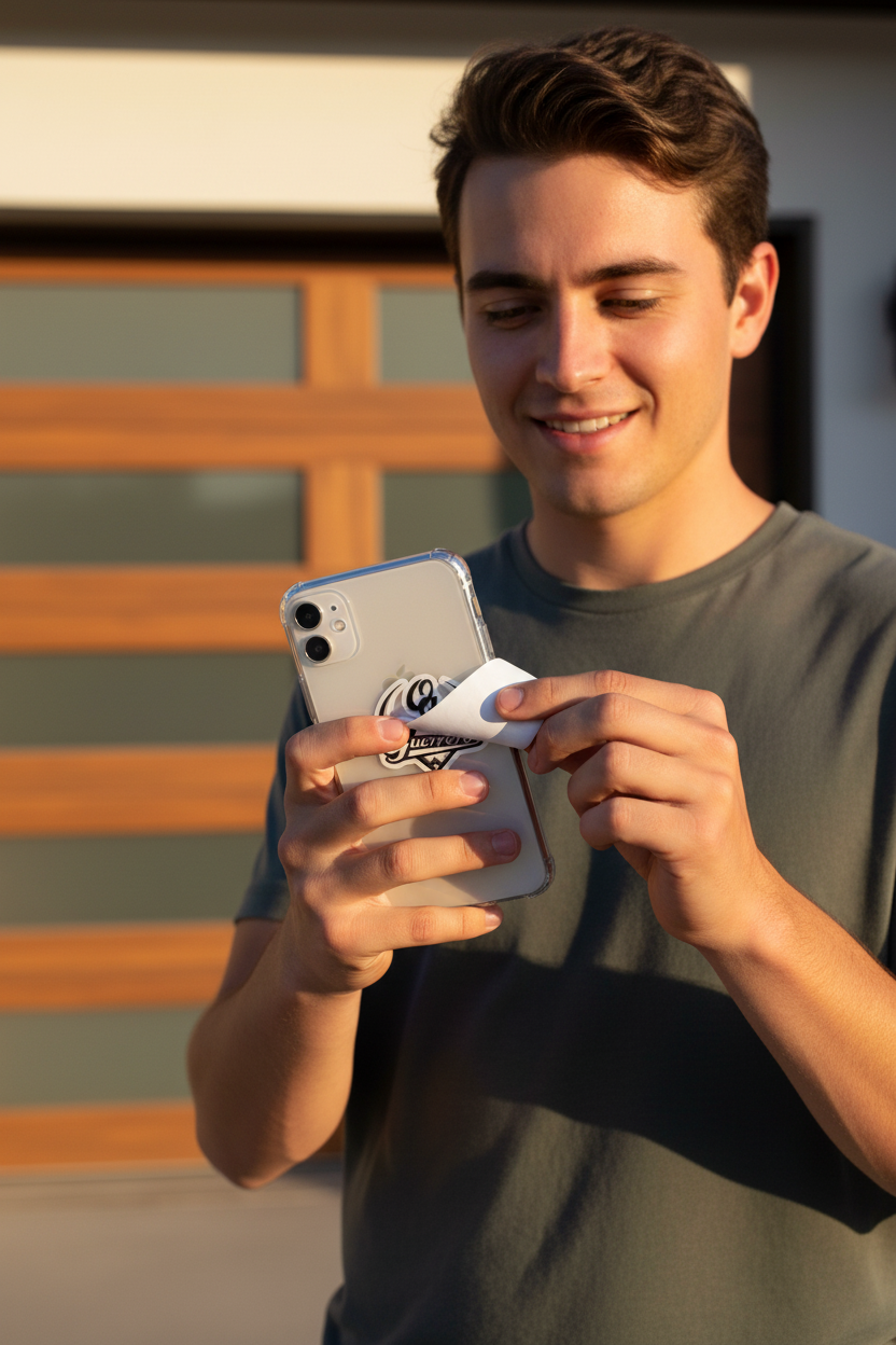 A smiling young man in a dark gray t-shirt holds a silver smartphone and a small white rectangular accessory with a circular Guerreros logo, standing outdoors in front of a modern wooden-paneled building.