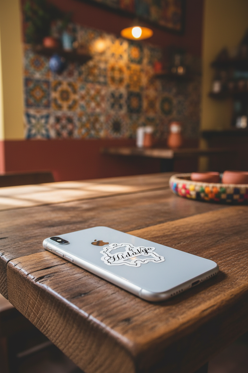  Silver smartphone placed on a wooden café table with a die-cut bubble-free sticker reading “Hidalgo” in cursive — surrounded by warm lighting, patterned tiles, and rustic décor, symbolizing Mexican regional pride and artisanal design.