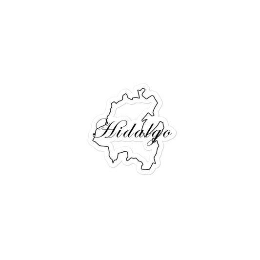 A custom die-cut white sticker with the text 'Hidalgo' printed on it.