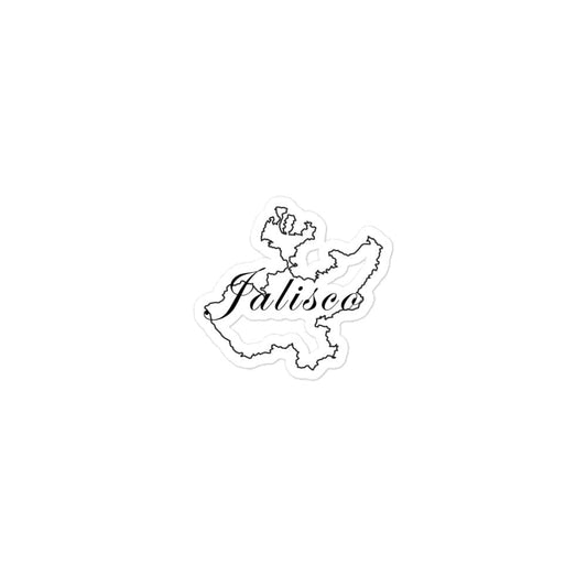 A sticker with a die-cut design depicting the shape of Jalisco and the word 'Jalisco' written in a cursive script.