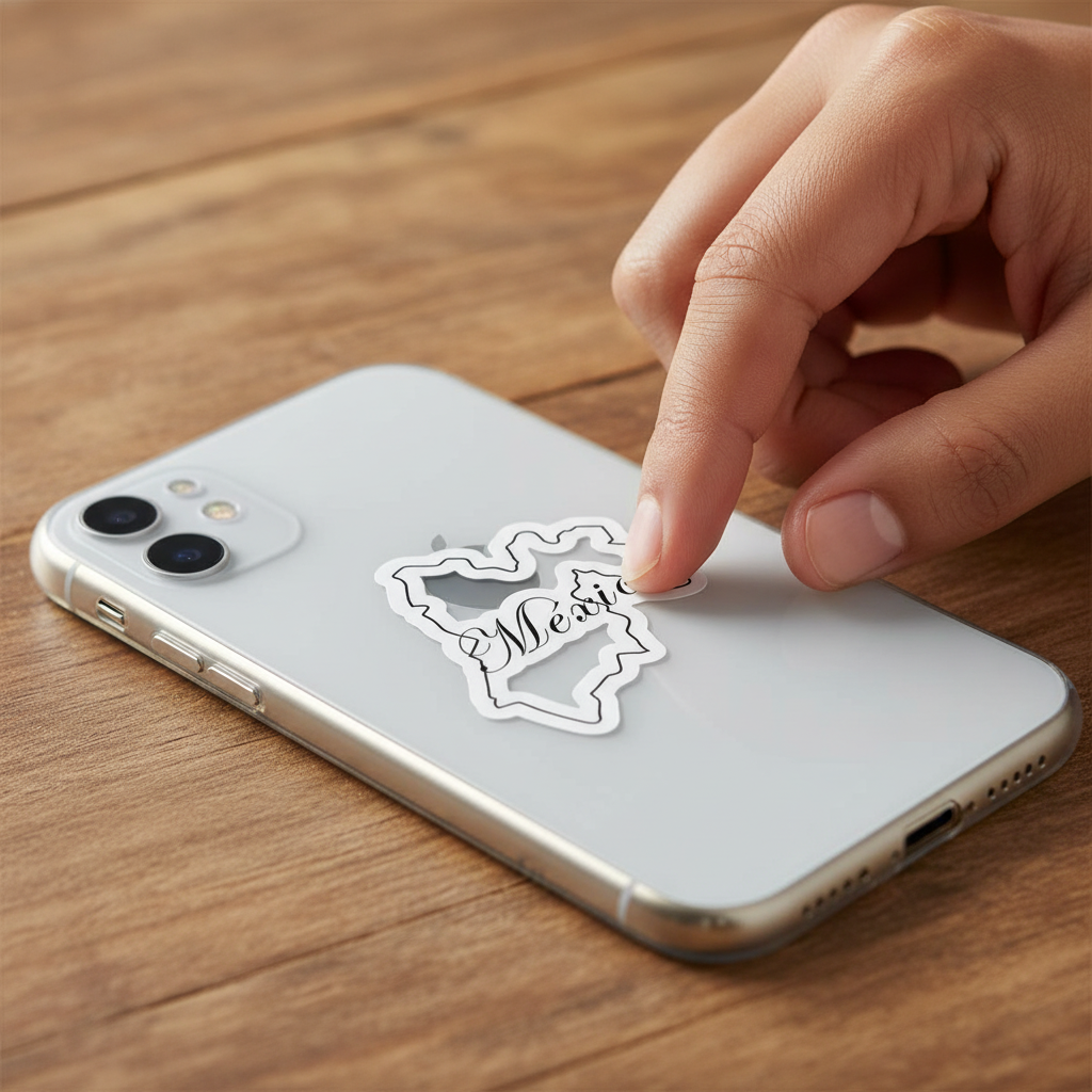 Hand pressing a die-cut bubble-free sticker shaped like the map of Mexico onto a silver smartphone — featuring black cursive text reading “México,” symbolizing national pride and minimalist design.