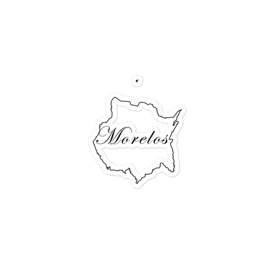 A white die cut bubble-free sticker with the text 'Morelos' printed on it, against a white background.