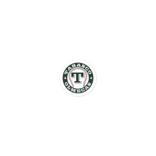 A round sticker with the text 'OLMECAS' and the image of a baseball, predominantly green with white edges and lettering.