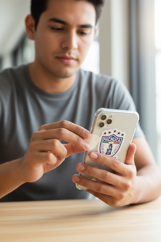 Man seated at a wooden table holding a smartphone with a clear case featuring a die-cut bubble-free sticker of the Club Pachuca logo — a blue and white shield with stars and a monument design, representing the Mexican football team’s heritage.