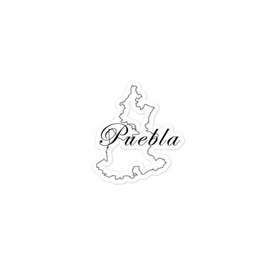 A white sticker with the text 'Puebla' and a silhouette of the state of Puebla, Mexico.