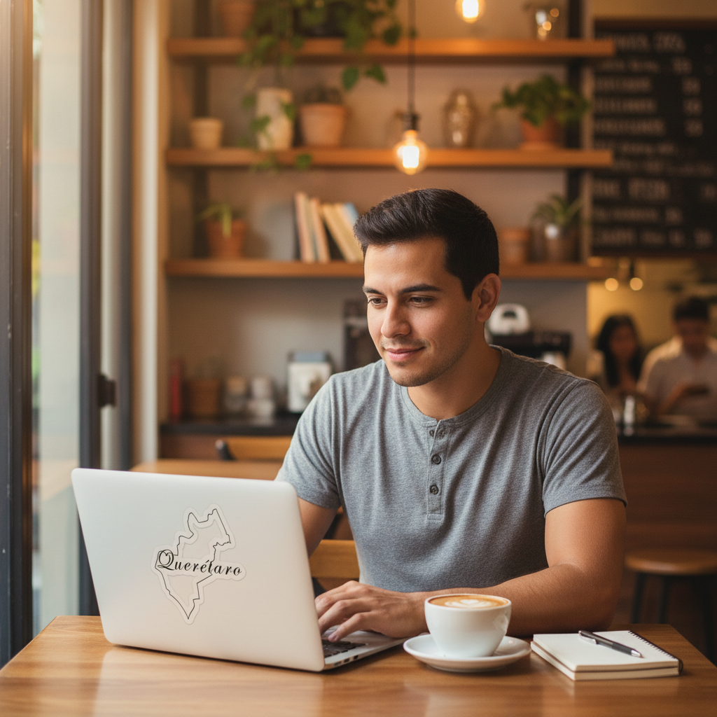  Man sitting at a wooden café table using a silver laptop with a die-cut bubble-free sticker shaped like the state of Querétaro — featuring white outline and cursive “Querétaro” text, surrounded by warm lighting, plants, and coffee, creating a cozy, artisanal Mexican aesthetic that highlights regional pride and craftsmanship.