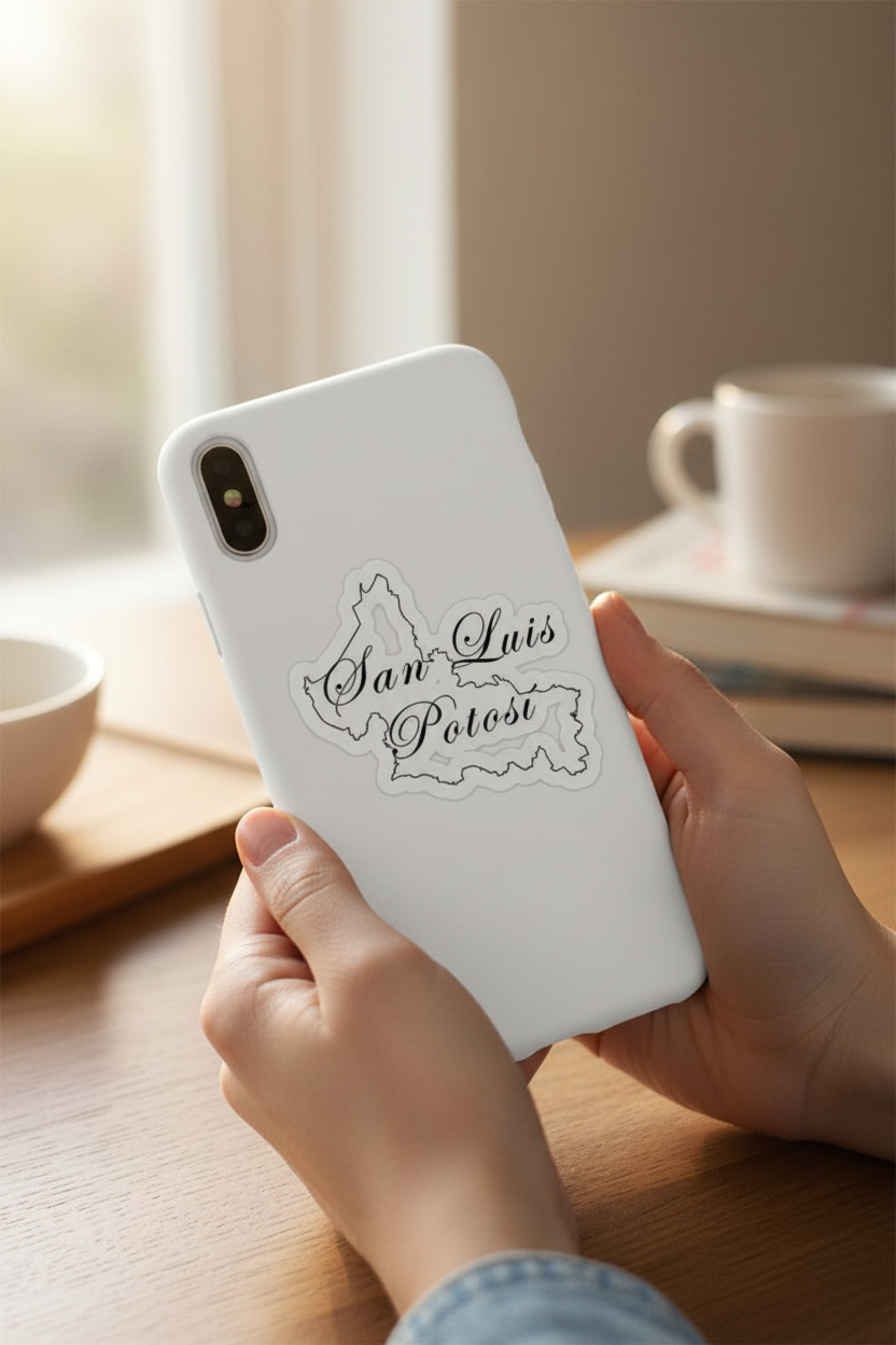 Person holding a silver smartphone with a die-cut bubble-free sticker shaped like the state of San Luis Potosí — featuring white outline and cursive “San Luis Potosí” text, set against a cozy indoor background with warm lighting and a coffee cup, evoking Mexican regional pride and artisanal design.
