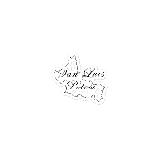 A white sticker with the text 'San Luis Potosi' and a silhouette of the state's outline.